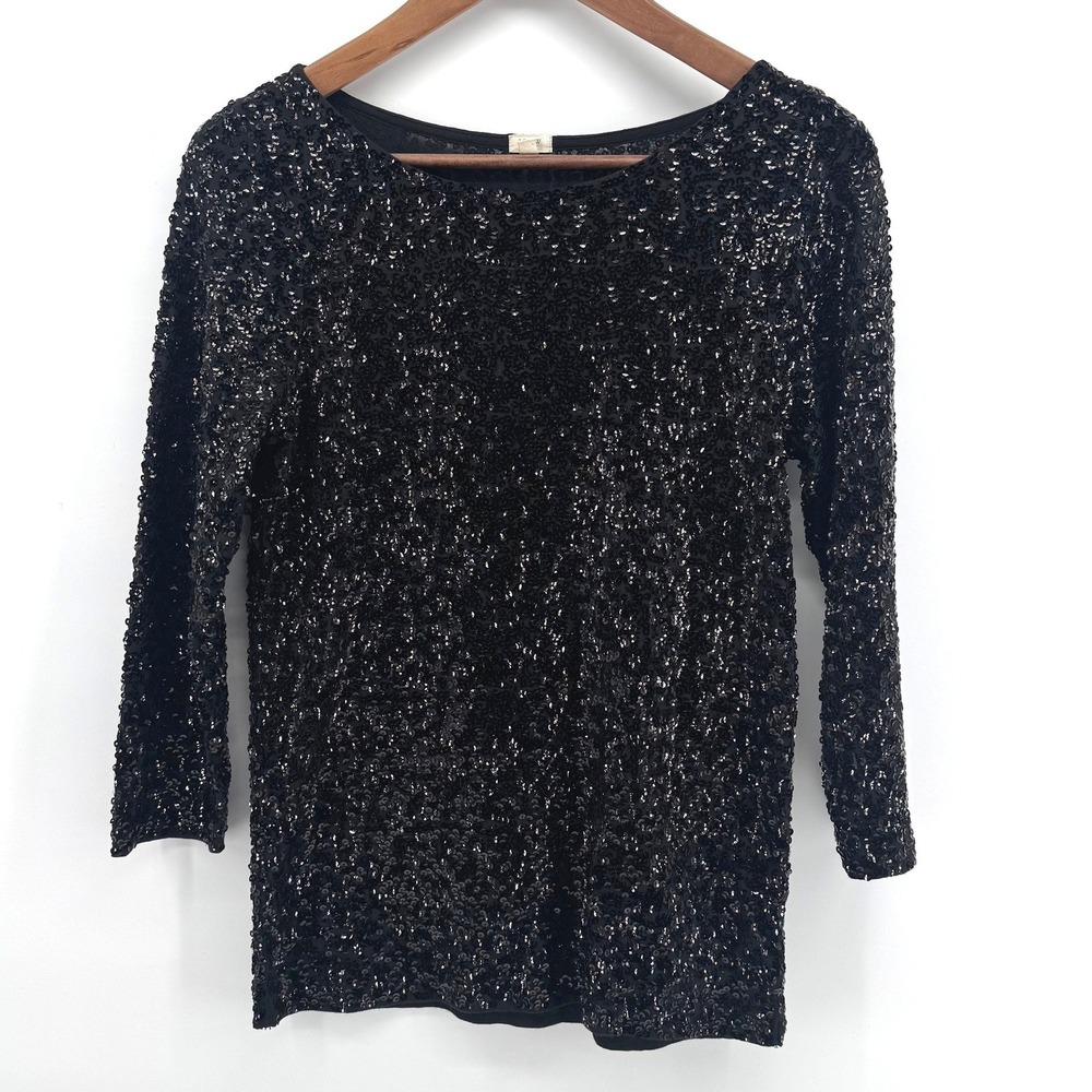 J.Crew Sequin Top Women S Black 3/4 Sleeve Boat Neck Glam Holiday Party Festive